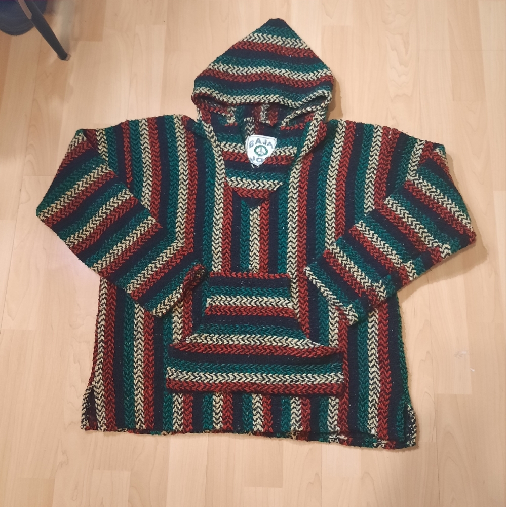 Baja Joe Drug Rug Hoodie Mens Small Striped Rasta Surf Poncho Stoner Pullover
